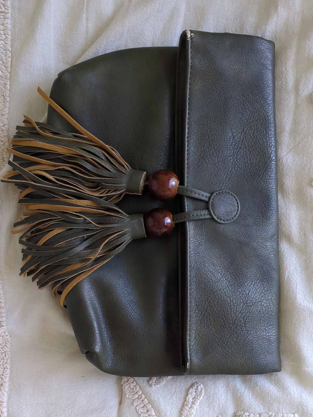 Women’s Anthropologie Olive Green Tassel Fold-Over Clutch
